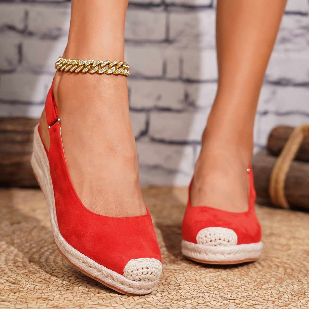 Retro Closed-toe Slingback Wedge Womens Shoes Straw-woven
