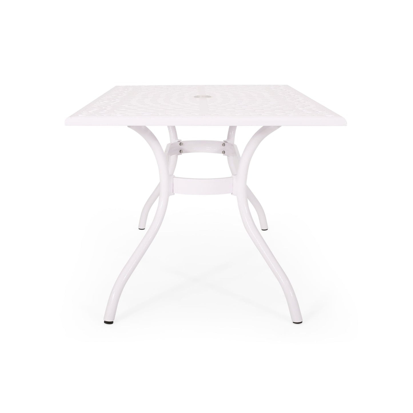 Celestine Outdoor Cast Aluminum Dining Table with Floral Lattice Design and Umbrella Holder