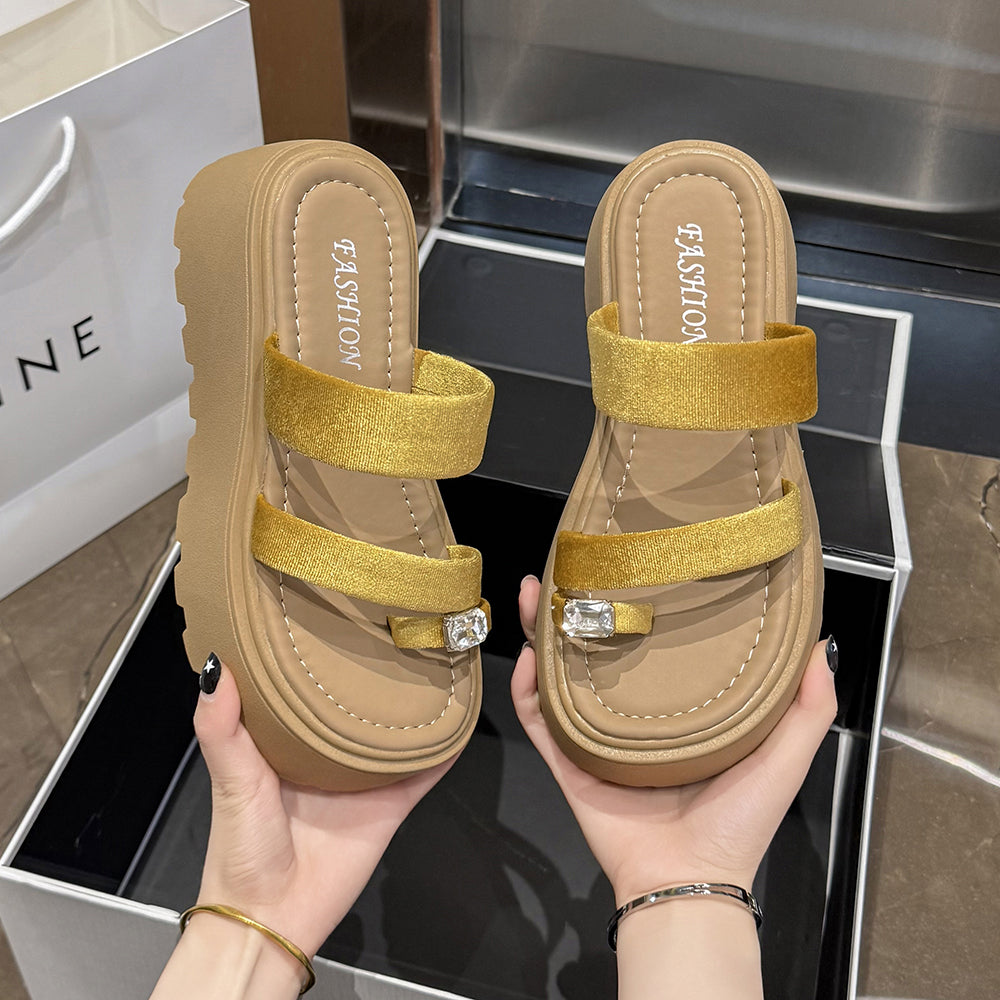 2026 Summer French Rhinestone Platform Slide Sandals, Toe Post Chunky Sole Fairy Style Casual Versatile Beach Slippers