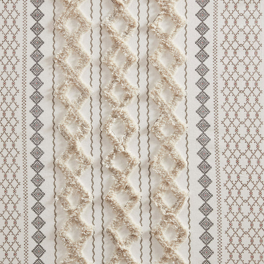 Cotton Printed Curtain Panel with Chenille Stripe and Lining Ivory 50x84