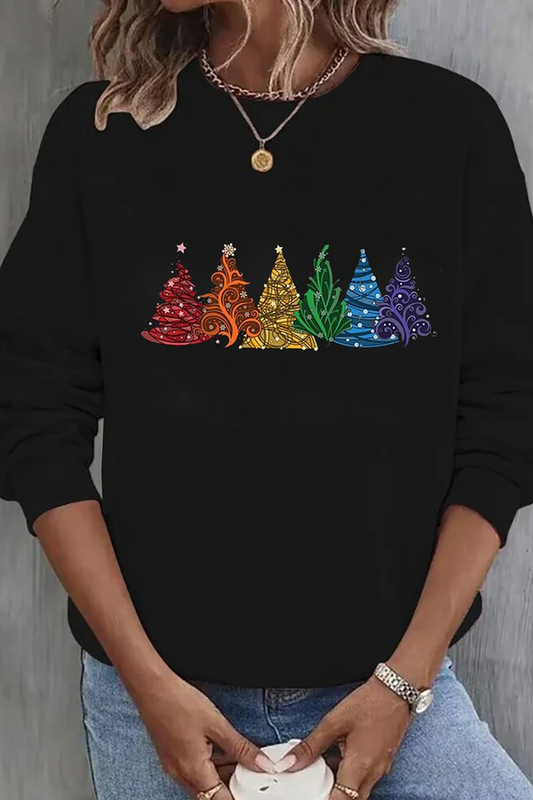 Christmas Tree Print Top Round Neck Shirt Long Sleeve Women's Clothing