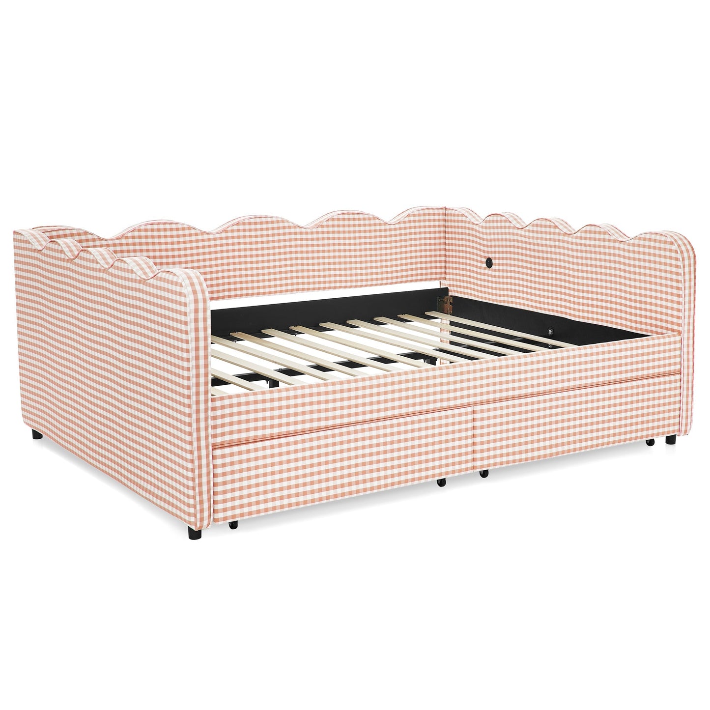 Queen Size Cozy Gingham Daybed with Two Storage Drawers and USB Port