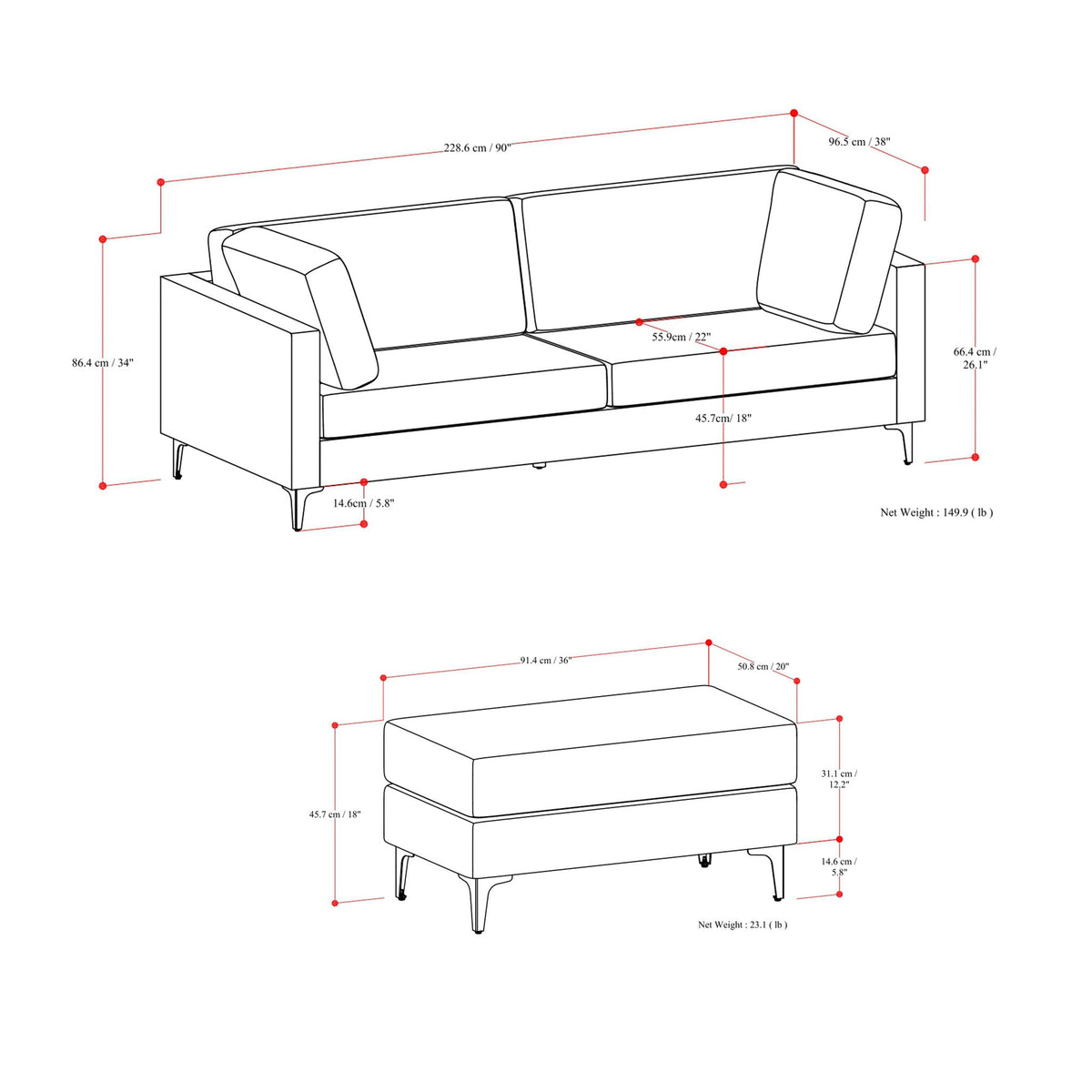 Ava - Mid Century Sofa With Ottoman Set