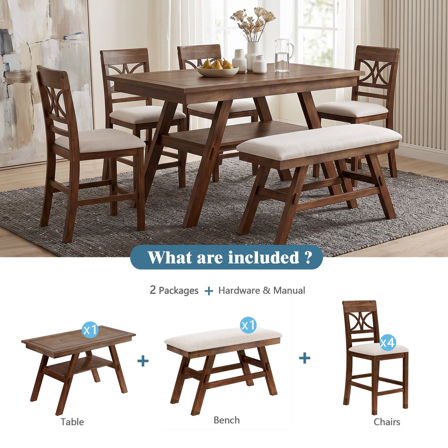 Topmax 6-Piece Wood Counter Height Dining Table Set with Storage Shelf