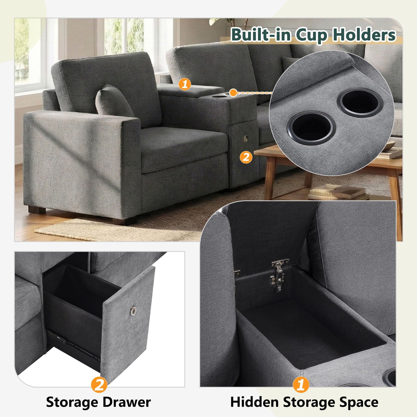 Modular 5 Seat U-Shape Sectional Sofa With Chaise Lounge, Built In Cup Holders And Storage Drawer