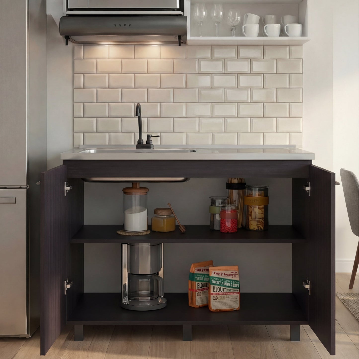 Napoles 2 Utility Sink with Cabinet, Stainless Steel Countertop, Interior Shelf - Wenge