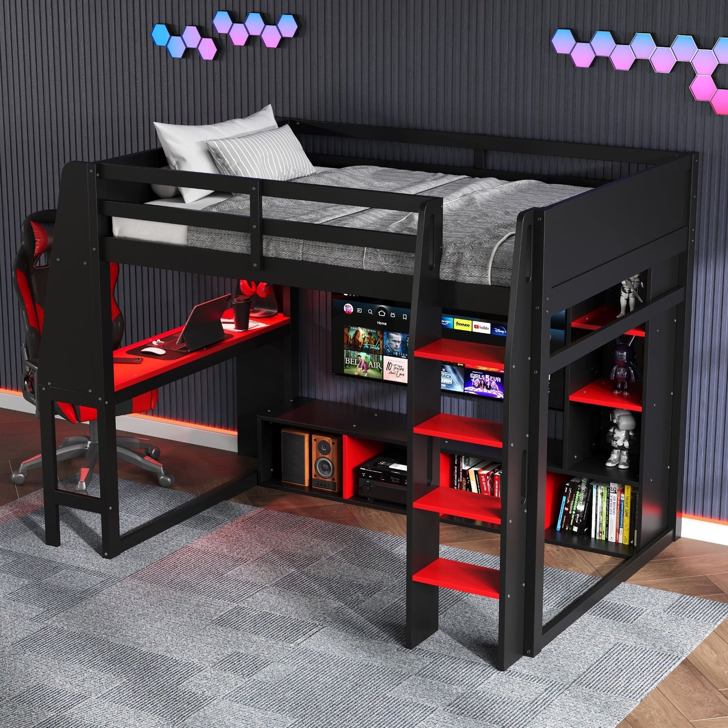 Gaming Loft Bed With Desk, Multi Storage Shelves, LED Lighting, And Hanging Clothes Rack