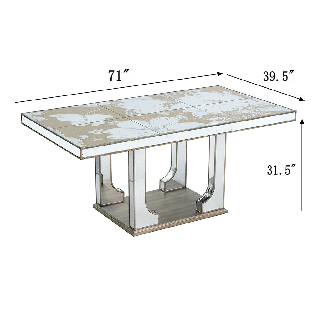 Large Mirrored Dining Table With Elegant Floral Design And - Silver Multi