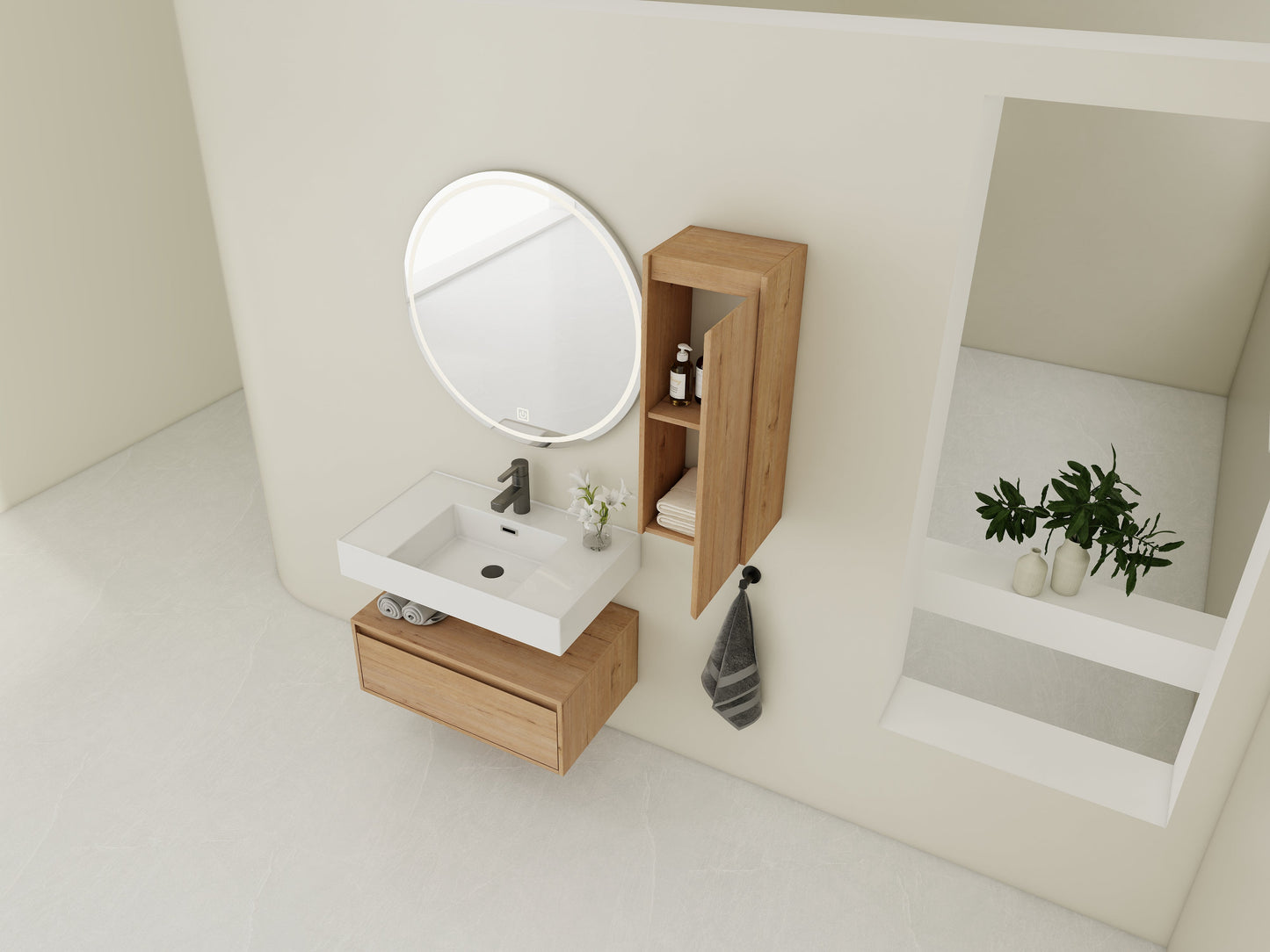 30-Inch Wall-Mounted Bathroom Vanity with Resin Sink and Side Cabinet