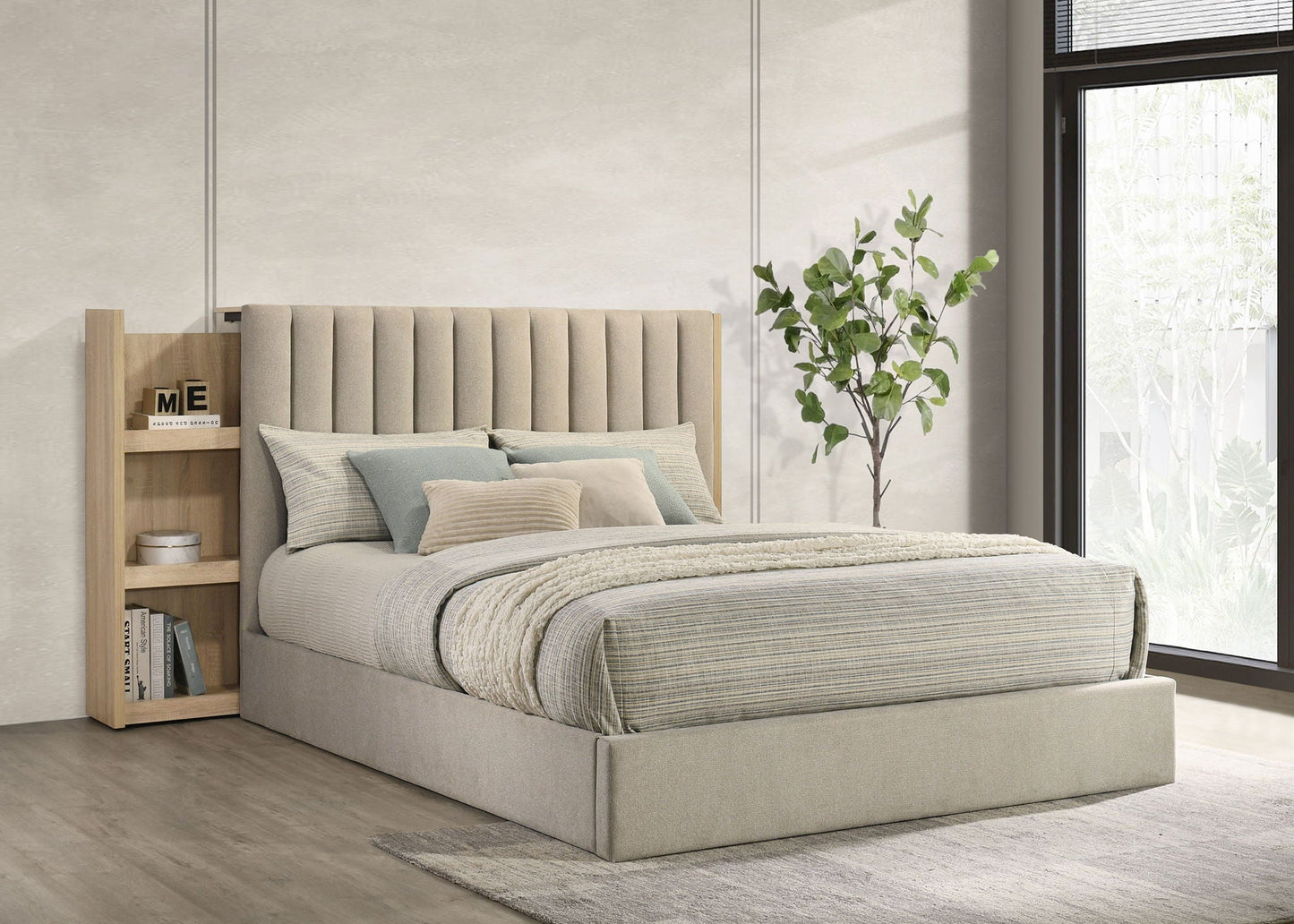 Arielle Queen Bookcase Panel Storage Bed Light Oak