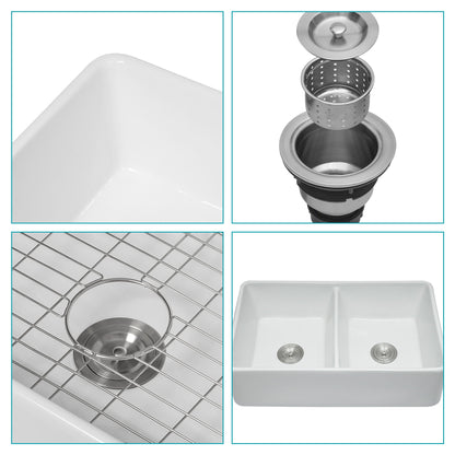 Double Bowl Apron Front Kitchen Sink 32", Sturdy And With Scratch Resistant - White