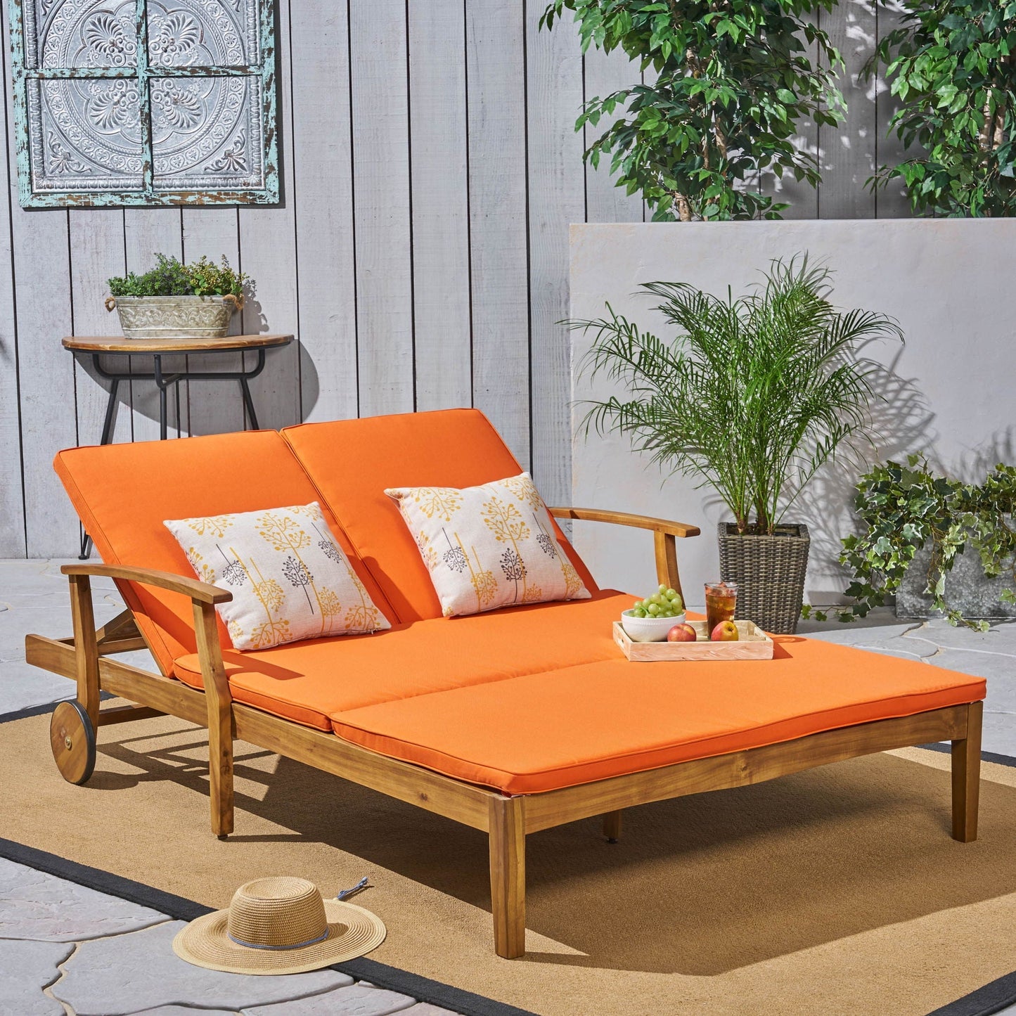 Etherealize Outdoor Adjustable Double Chaise Lounge With Water Resistant Cushions