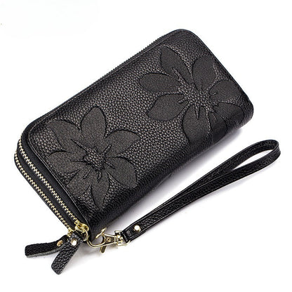 Women's Leather Double Zipper Wallet - Solid Color Large Capacity Long Phone Wallet from First-Layer Cowhide