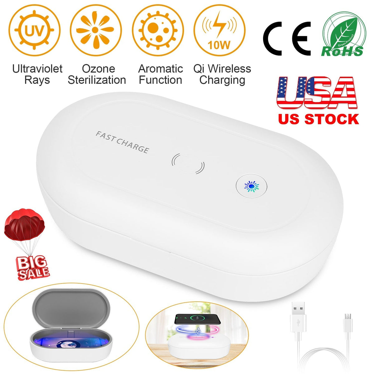 UV Light Sanitizer Box Portable 10W Phone Wireless Charging Disinfection Lamp w/ Aroma Diffuser Sterilizing Box For Jewelry Watch Wallet Keys