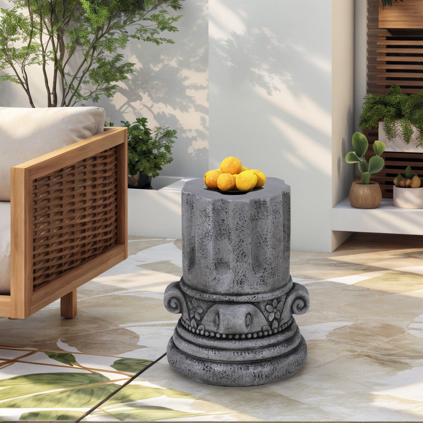 Outdoor End Table, Round Side Table For Patio And Garden - Antique Gray
