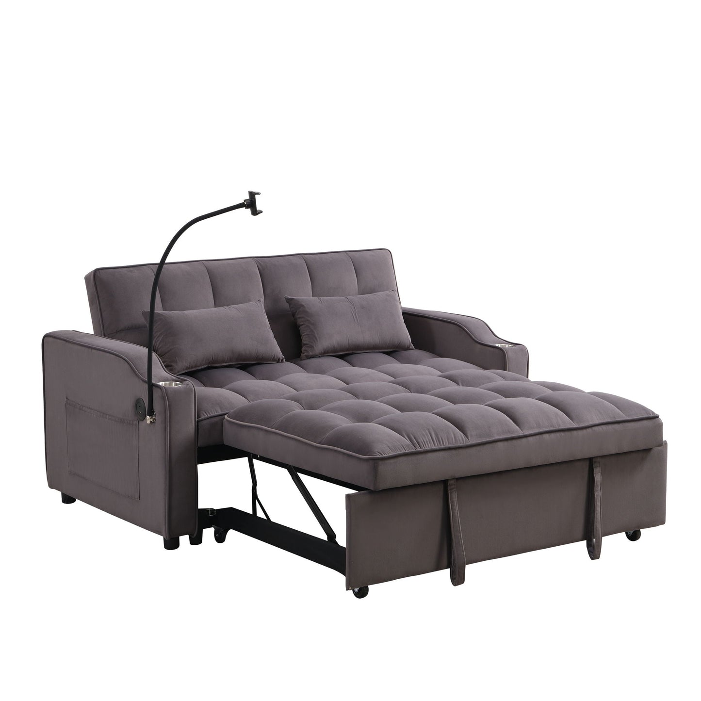 Modern Loveseat Futon Sofa With Pullout Bed, Adjustable Reclining Backrest, Toss Pillows