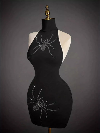 Rhinestone Spider Halter Neck Bodycon Dress