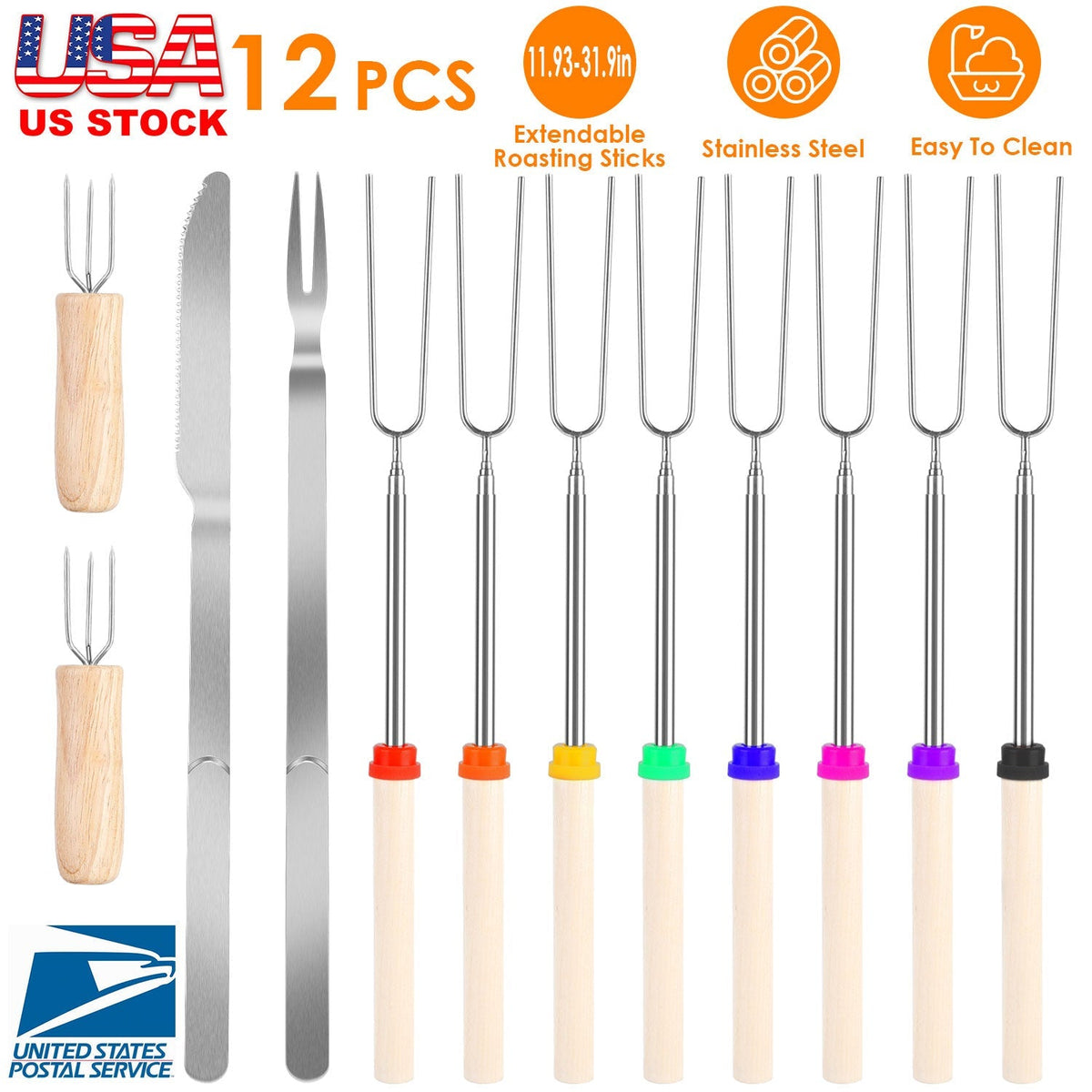 Stainless Steel Roasting Sticks Set 31.9in Extendable Telescoping Marshmallow Hot Dog Fork Skewers Set w/ Corn Needles Fork Knife For BBQ Fire Pit Cam