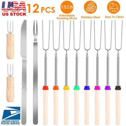 Stainless Steel Roasting Sticks Set 31.9in Extendable Telescoping Marshmallow Hot Dog Fork Skewers Set w/ Corn Needles Fork Knife For BBQ Fire Pit Cam