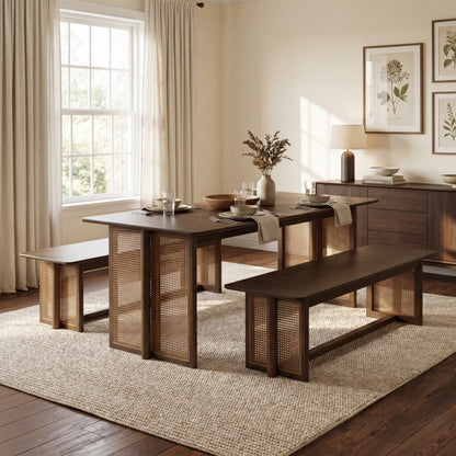 Walnut-Colored Rubber Wood Dining Set with Plastic Rattan