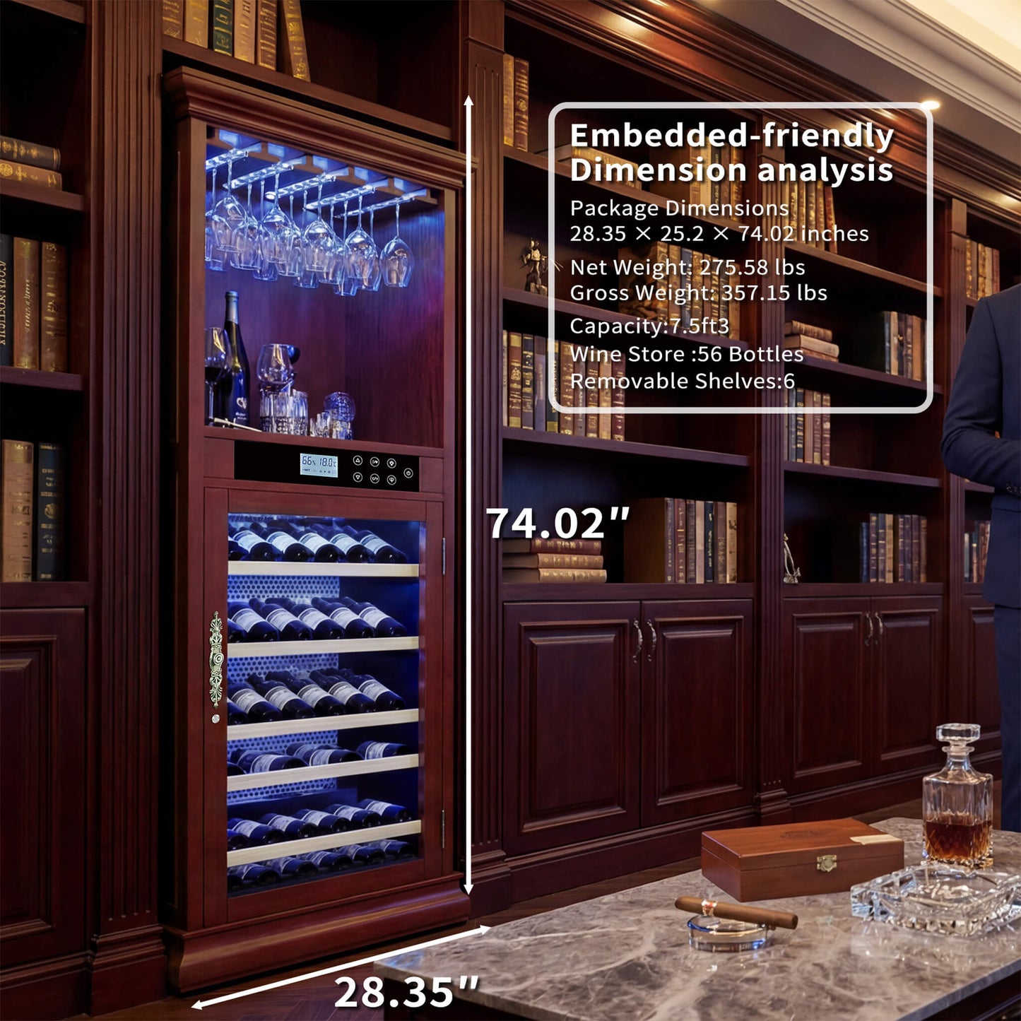 Nuvia 56-Bottle 7.5 Cu.Ft Single-Zone Multi-Tiered Wooden Wine Cooler Cabinet With Humidity And Temperature Controls (SAK73195)
