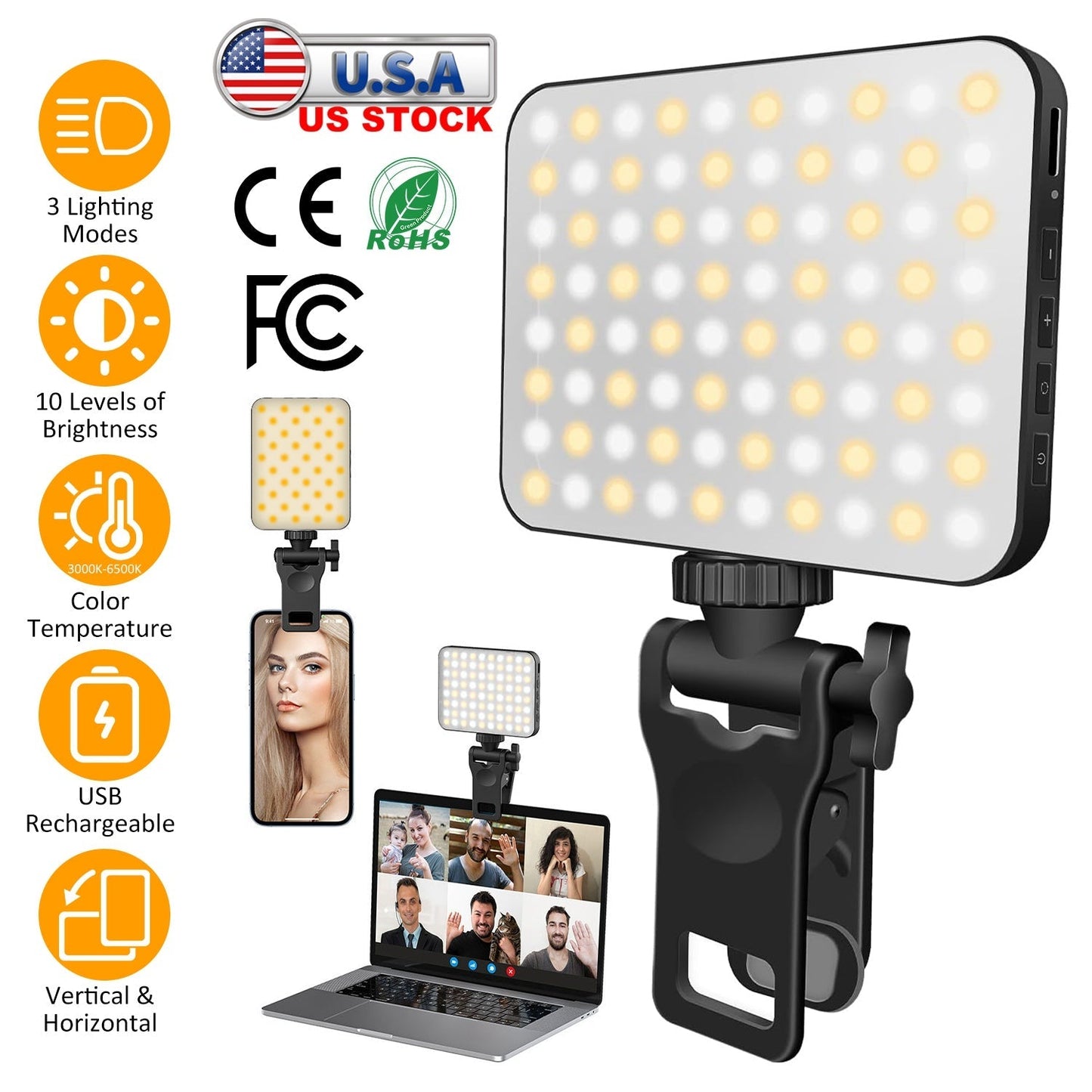 Rechargeable Selfie Light Fill Light 2000mAh Portable Clip On Light with 3 Light Modes 10 Brightness Levels for Phone Laptop Live Stream Make up Photo