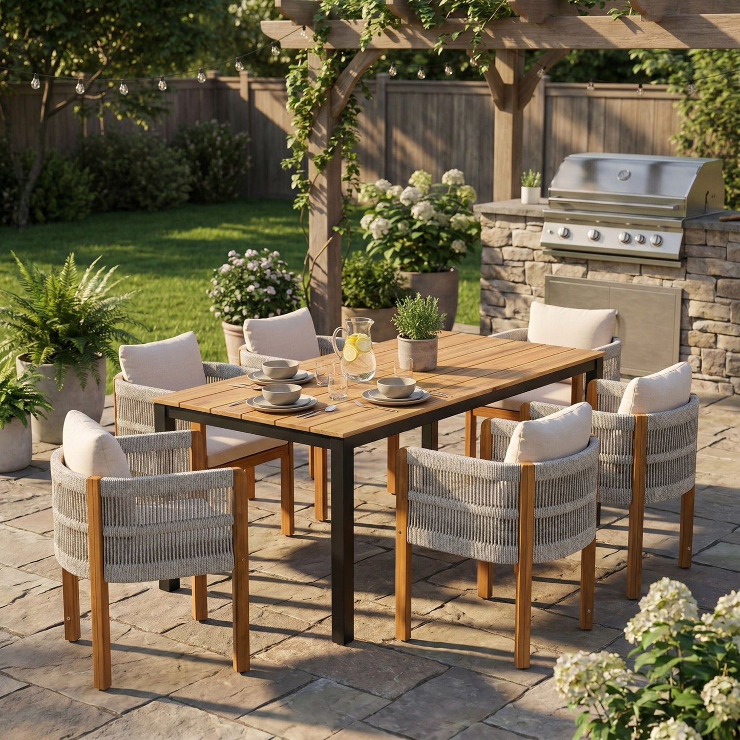 7 Piece Outdoor Dining Set With Table And 6 Chairs - Beige / Teak / White