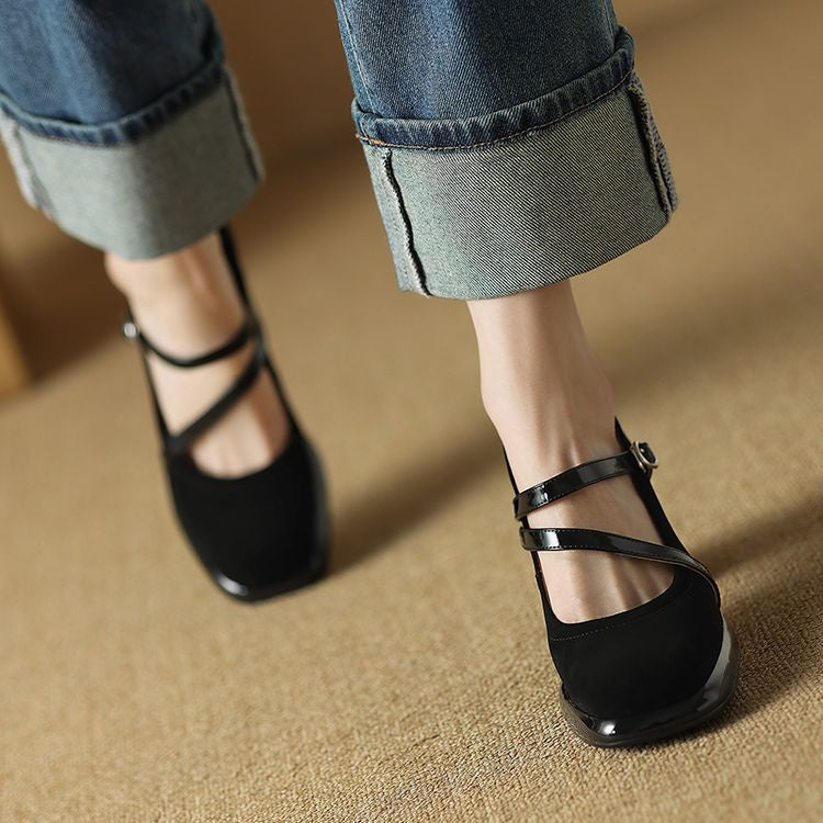 French Square Toe Mary Jane Shoes For Children's Spring 2025 New Style, Thick Heel Cross With Shallow Mouth High Heels, Worn As A Single Shoe Outside