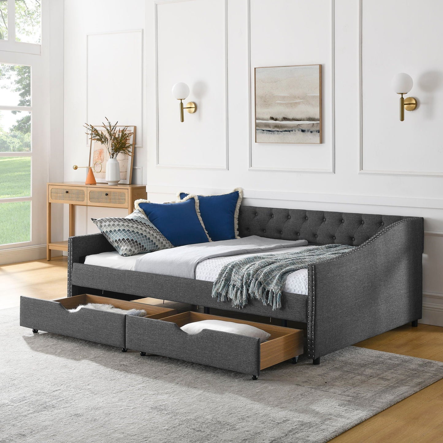 Upholstered Tufted Daybed With 2 Drawers, Waved Arms