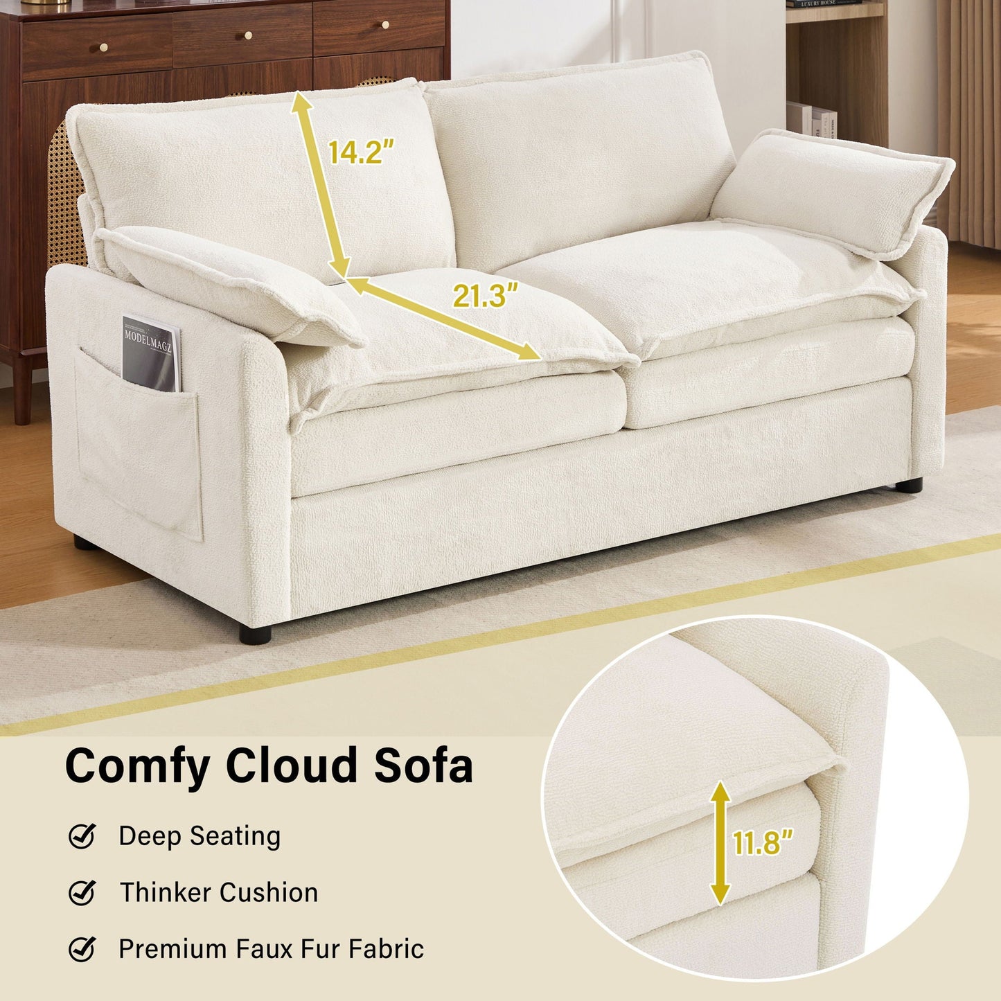 Modern Loveseat Sofa, Upholstered Couch With Side Storage Pockets