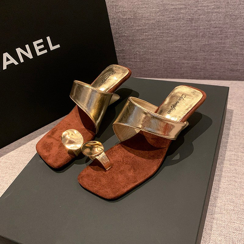 Women French Wedge Toe Loop Slide Sandals, 2026 New Summer Niche Square Toe Slip On Mules For Matching Dresses
