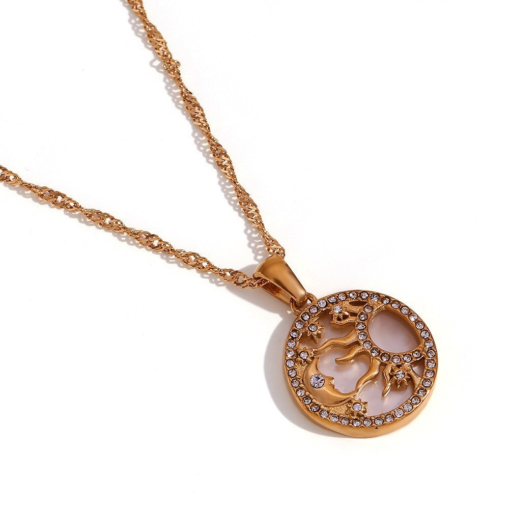 Aura Gold Celestial Moon & Star Disc Necklace | Vintage Titanium Stainless Steel Medallion | Retro Sun & Moon Crystal Charm Jewelry