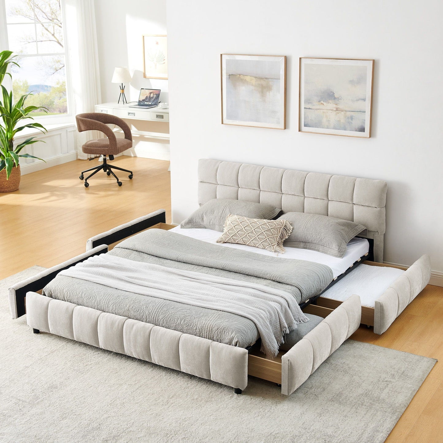 Modern Platform Bed Frame With Thick Fabric