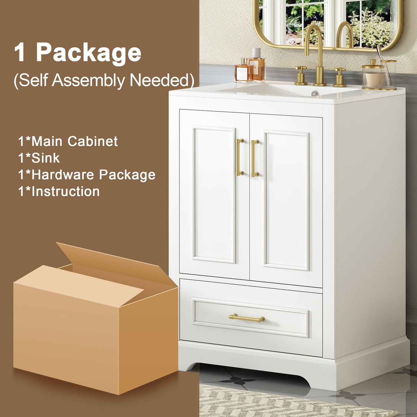 Bathroom Vanity With Sink, 1 Divided Drawer And 2 Soft Close Doors With Double Shelf