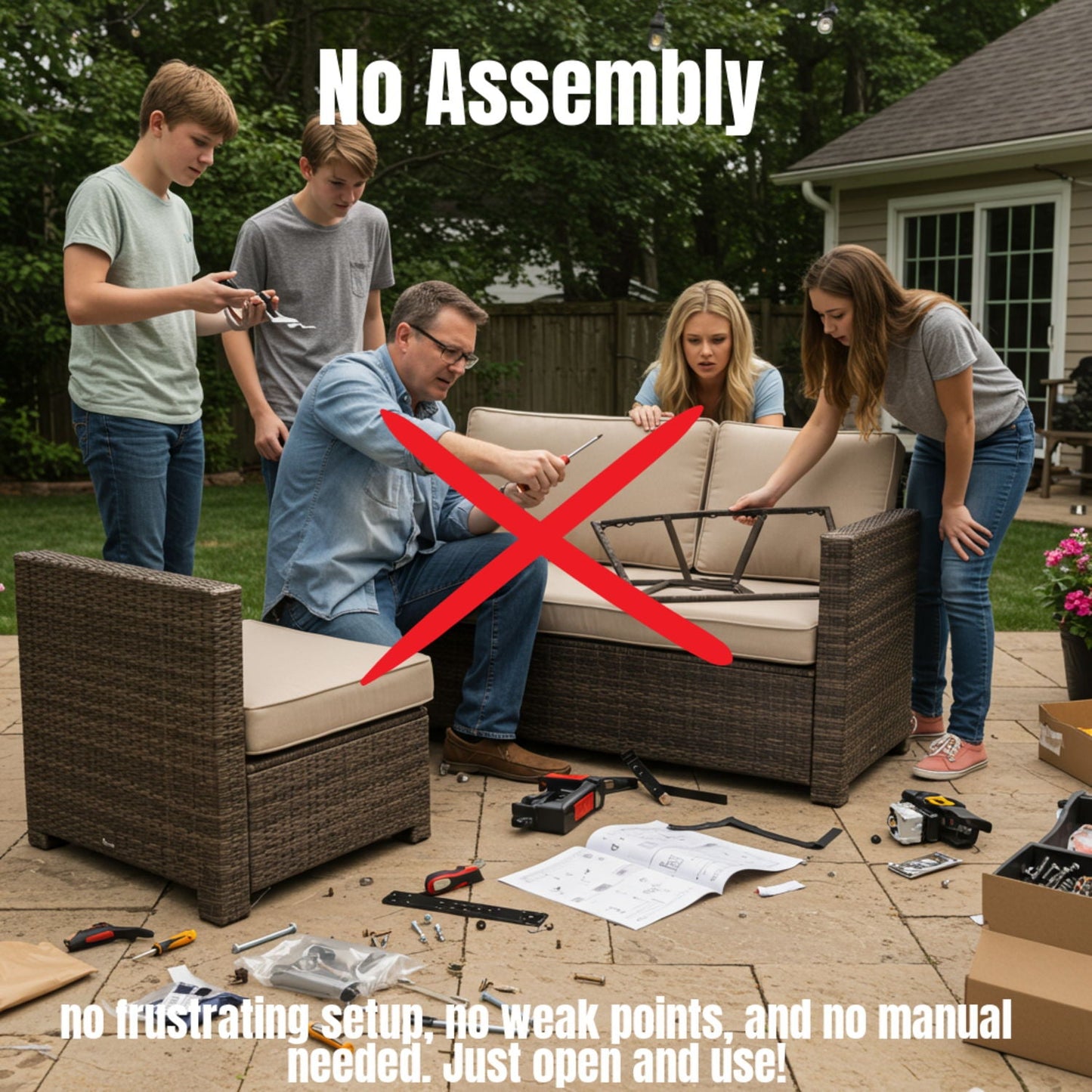 Premium 6 Person Wicker Patio Seating Group With Deep Cushions And Concrete Fire Pit - Gray Mix