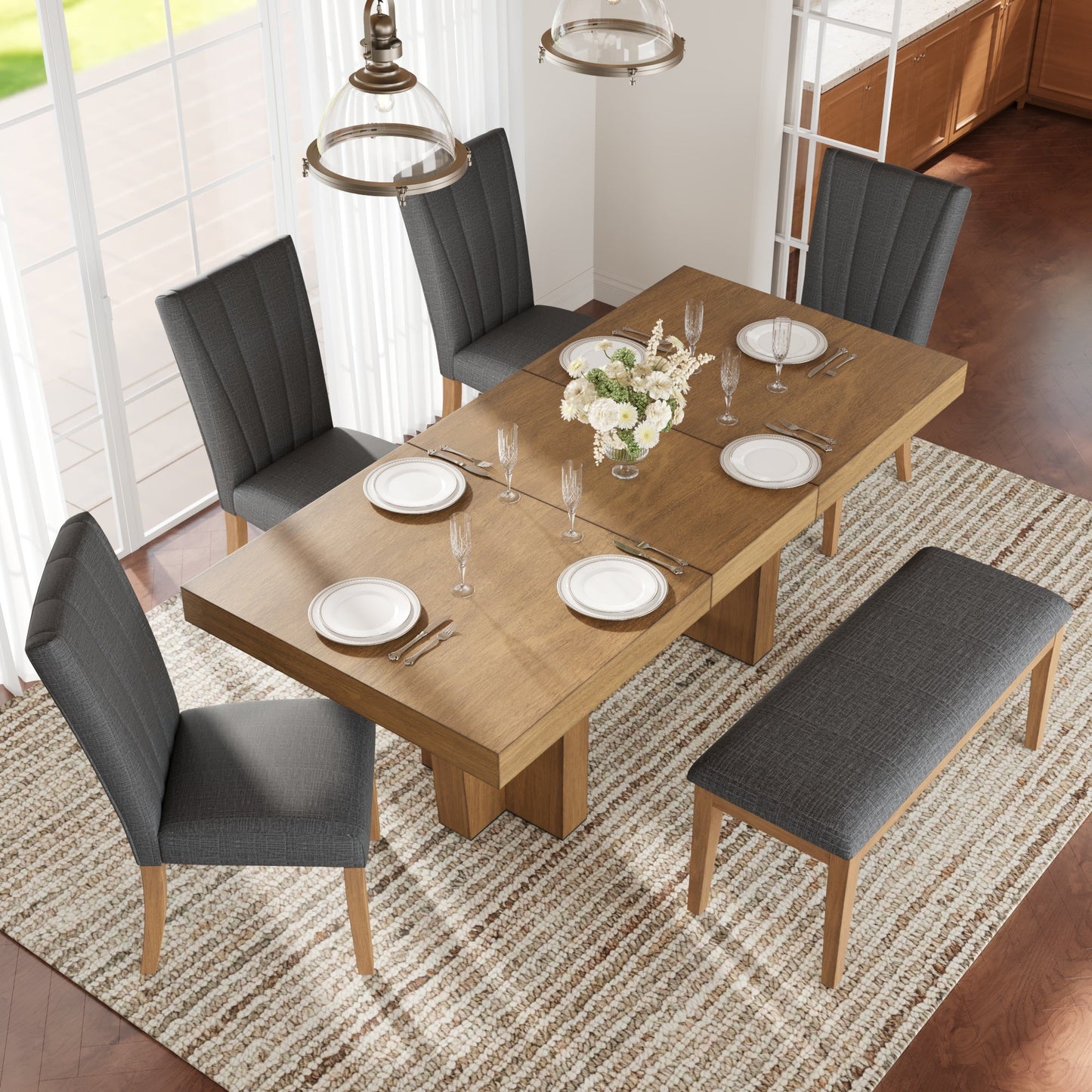 TOPMAX Farmhouse Extendable Wood Dining Table Set for 6