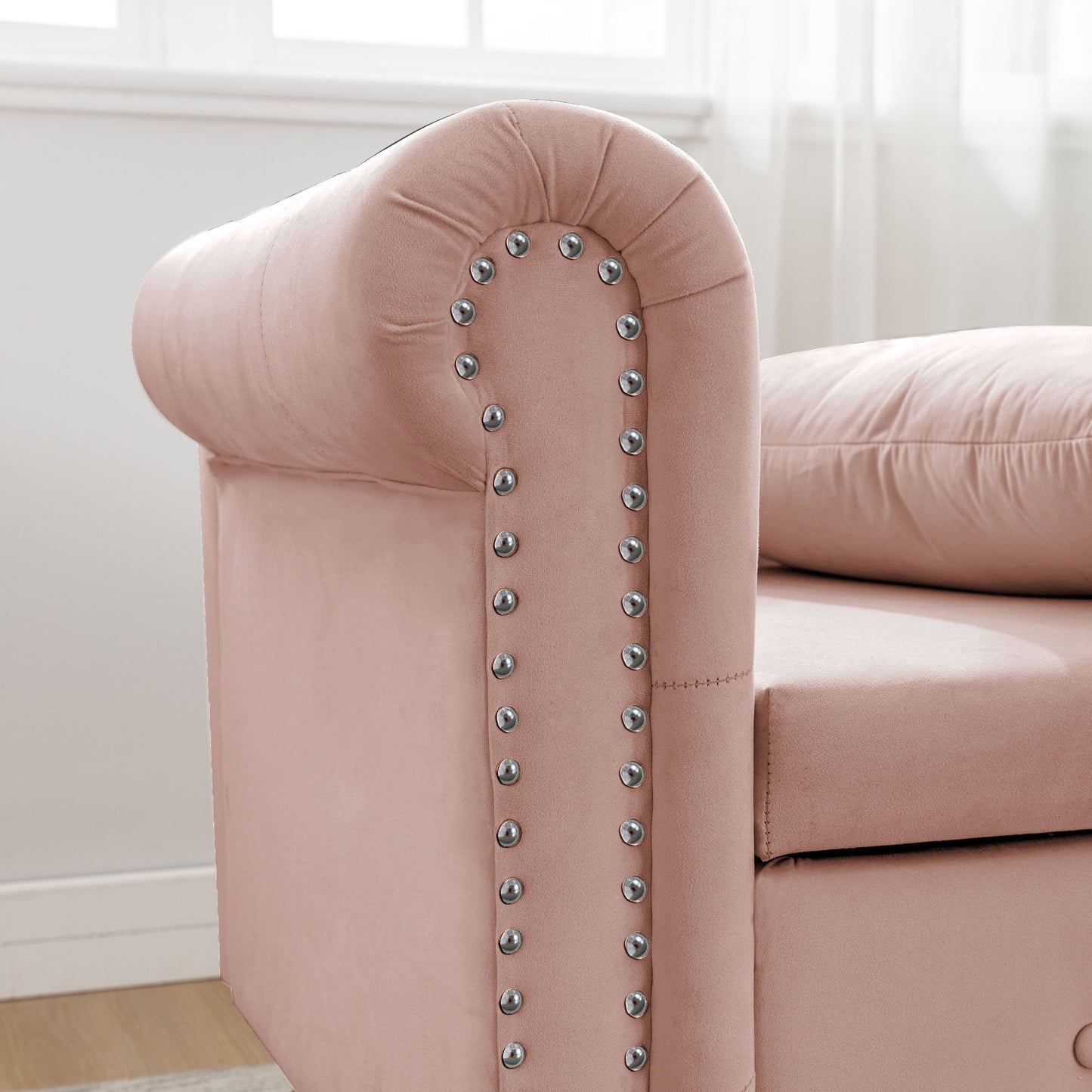 Chaise Lounge Indoor, Lounge Chair For Bedroom With Storage & Pillow, Modern Upholstered Rolled Arm Chase Lounge For Sleeping With Nailhead Trim For Living Room Bedroom Office
