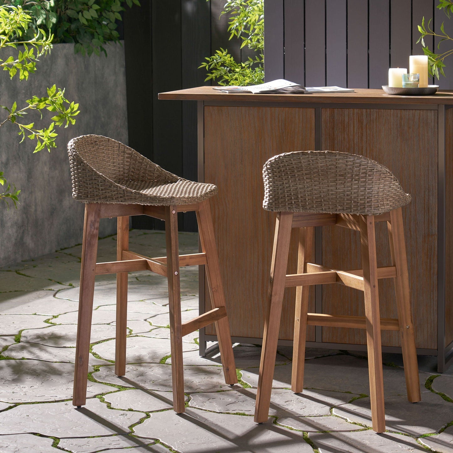 Beeson Outdoor Wicker and Acacia Wood Barstools Set, Water Resistant - Brown