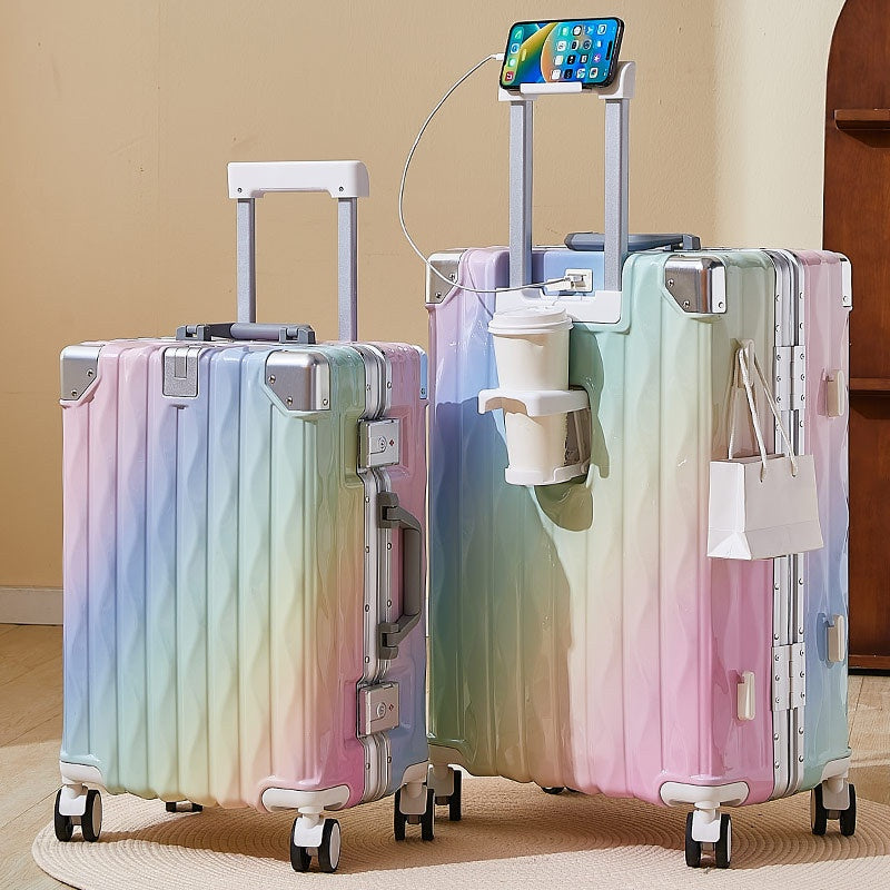 Aluminum Frame Hard Shell Luggage, Colorful And Fashionable, No Zipper Aluminum Frame, TSA Lock, With Cup Holder USB Interface, Aluminum Frame Travel Box, Durable Password Box