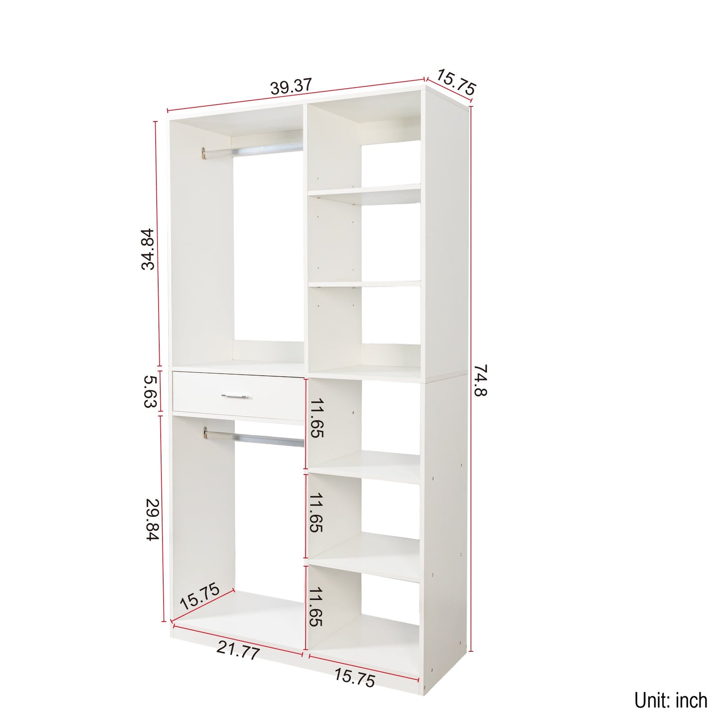 Freestanding Closet System with 6 Open Shelves and 2 Hanging Rods