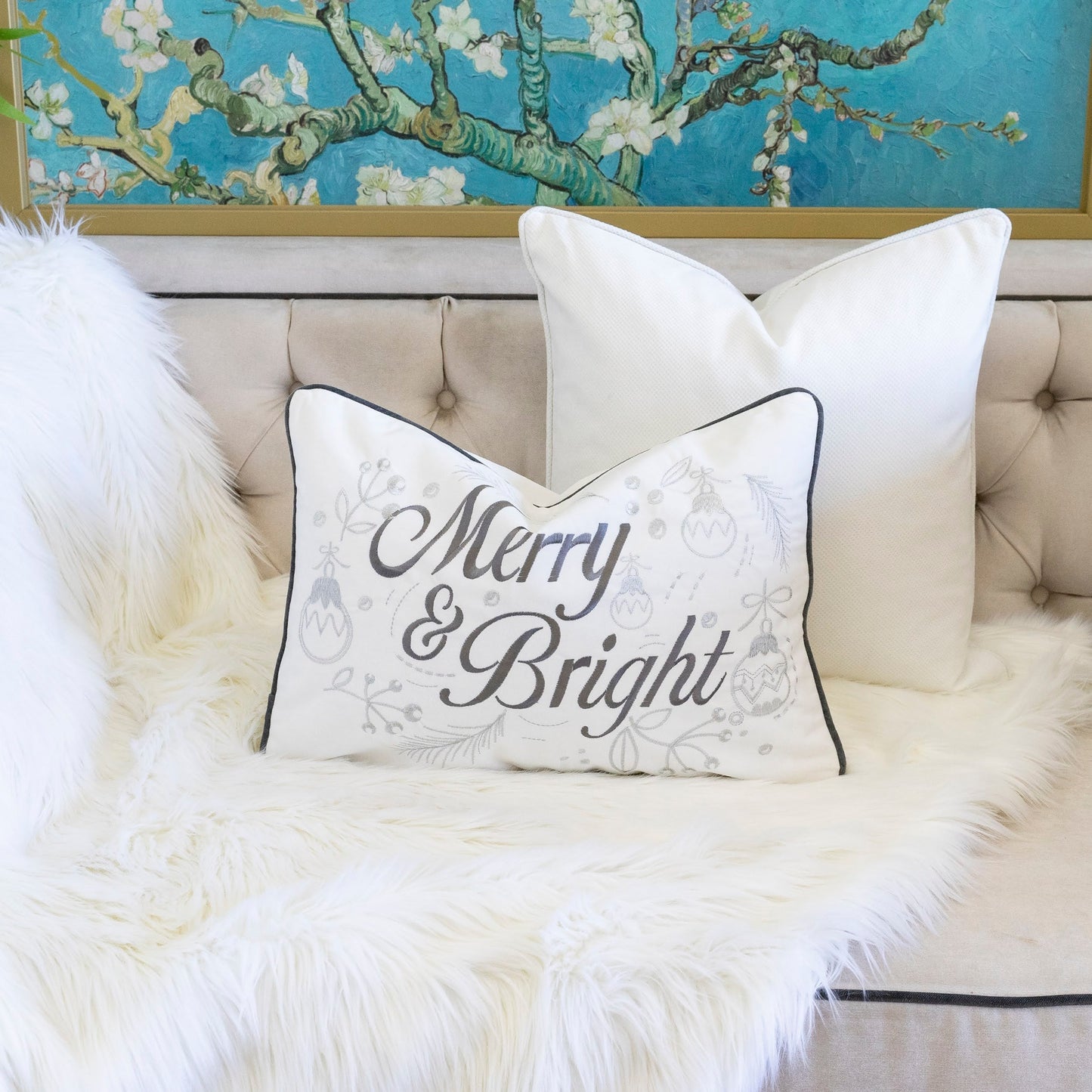 Merry & Bright Christmas Throw Pillow – 14x20 Velvet Lumbar Cushion