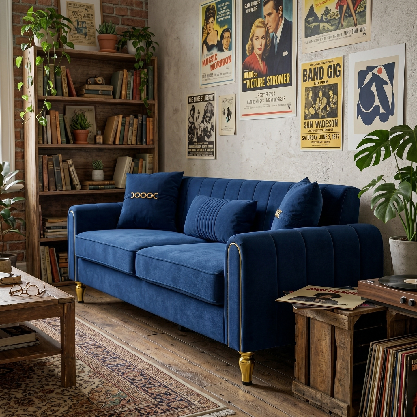 FX-P11-RB 87.4 Inches Upholstered 3-Seater Sofa with Throw Pillows