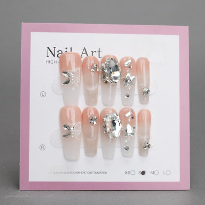 Pink Butterfly & Rhinestone Nails