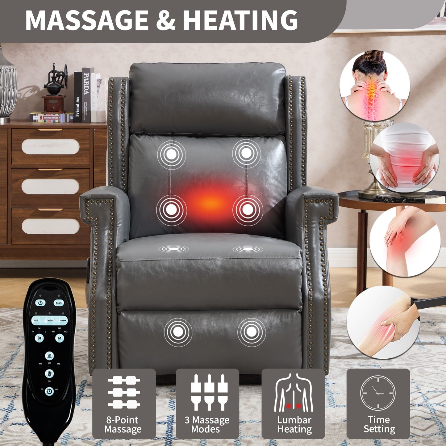 Manual Recliner Chair  With Heavy Duty Motion Mechanism, 8 Vibrating Nodes And 3 Massage Modes For Living Room