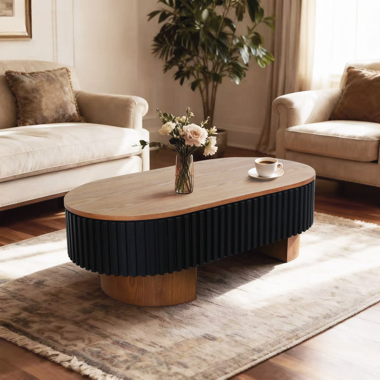 Elliptical Living Room Coffee Table With Hidden Storage And Removable Tabletop
