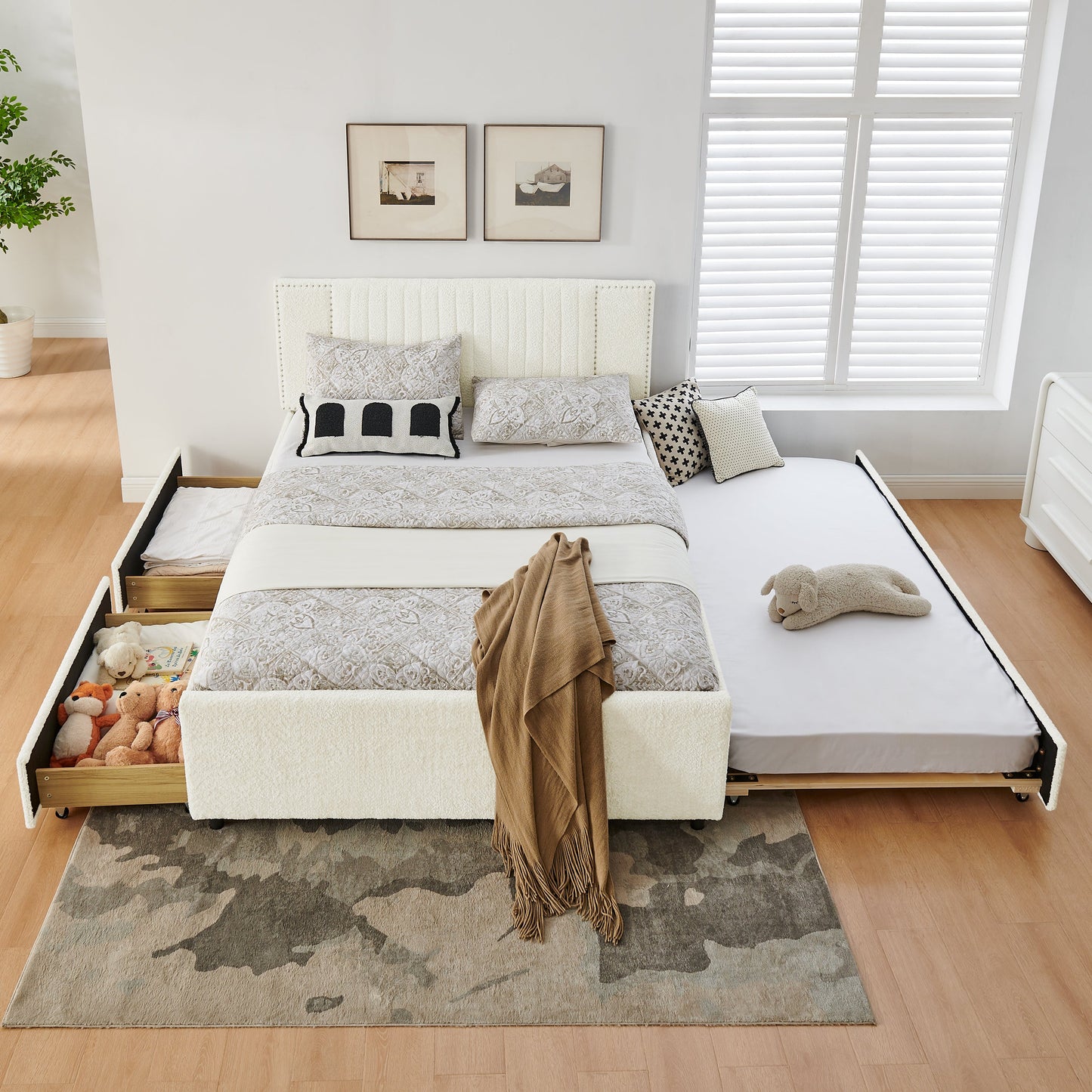 Queen Size Vertical Channel Tufted Upholstered Bed with Storage and Trundle