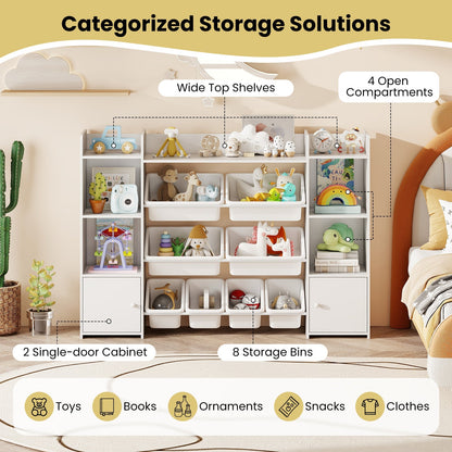 56 inch Large Toy Storage Organizer with 8 Removable Bins and Bookshelf