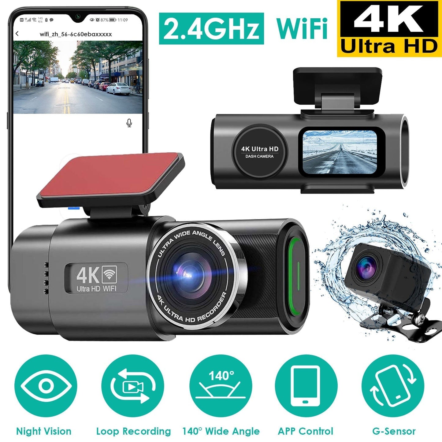 4K/1080P Dual Chanel Car Dash Cam 2.4GHz WiFi Car Camera Mini Driving Recorder with 140¡ Wide Angle APP Control Night Vision G-sensor Loop Recording
