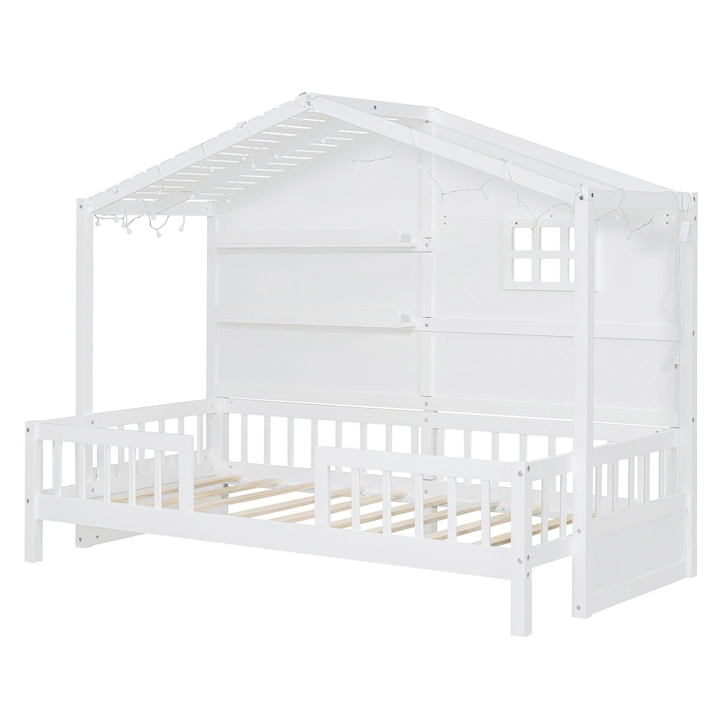 House Bed With Shelves, Window And Sparkling Light Strip On The Roof