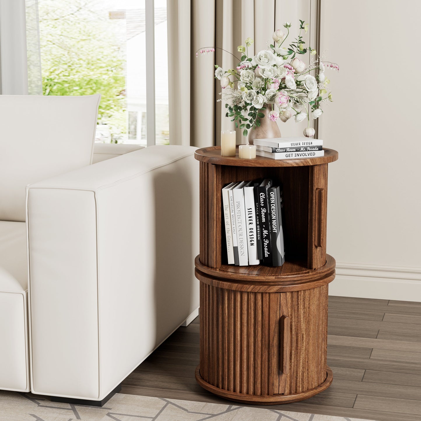 4-Piece Round Coffee Table Set with Sliding Door Storage